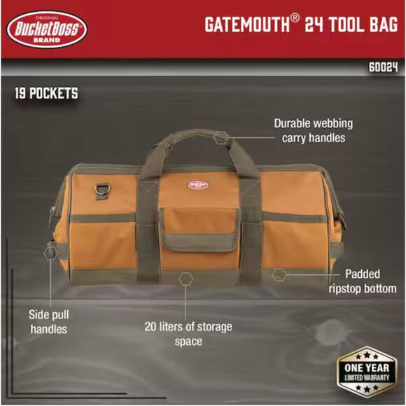 Bucket Boss Gatemouth 24"Long Boy Polyester Tool Bag, Brown & Green-NWT - Picture 7 of 14